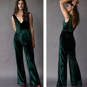 Free People X Brenda Knight Embellished V-neck Velvet Jumpsuit in Green
